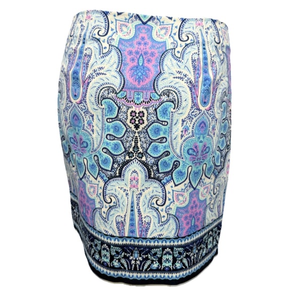 Talbots Petites 4P Paisley Print Pencil Skirt Blue Pink Lined Cotton Stretch - Picture 3 of 9